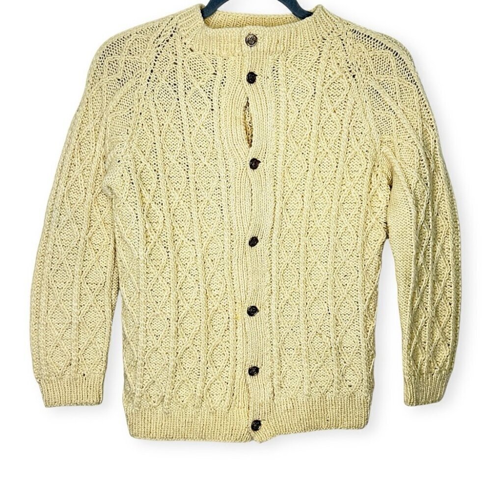 Vintage Aran Style Fisherman Rustic Cable Knit Wool Button Down Cardigan